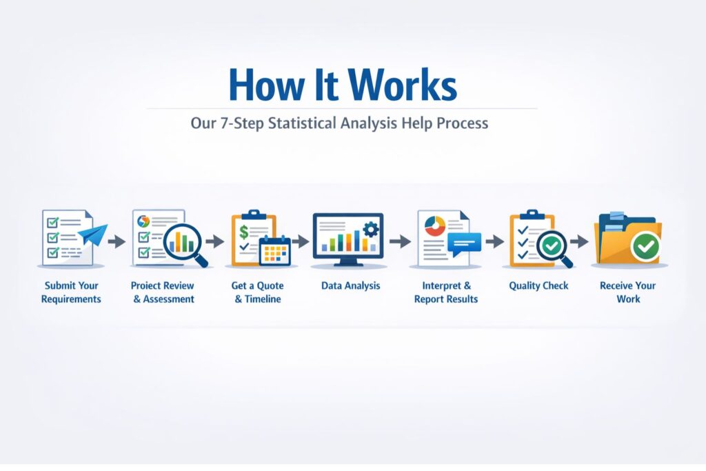 “How It Works” showing a 7-step statistical analysis process: submit requirements, project review, get a quote, data analysis, interpret results, quality check, and receive final work, displayed in a horizontal flow with icons and arrows.