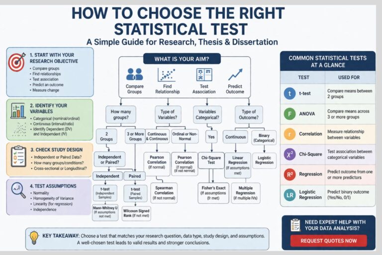 Infographic showing how to choose the right statistical test using research objectives, variable types, assumptions, and study design for dissertation analysis