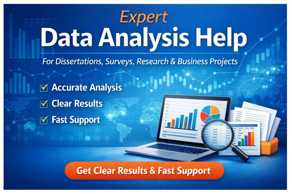 Expert Data Analysis Help banner with charts, laptop dashboard, reports, and call-to-action for research, survey, dissertation, and business projects.