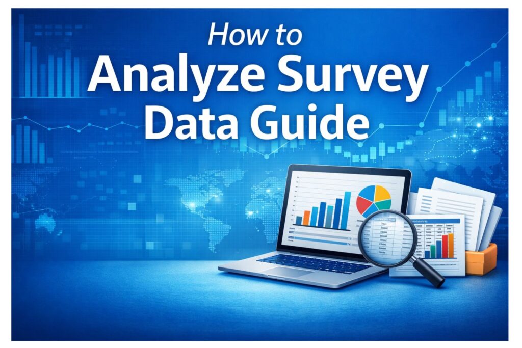 How to analyze survey data guide banner with charts, laptop dashboard, reports, and data visualization for research and dissertations