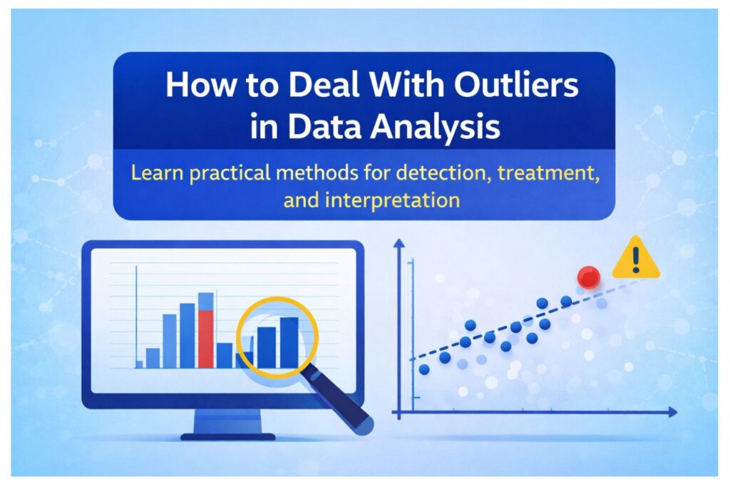 Illustration about dealing with outliers in data analysis, showing a histogram, scatterplot, magnifying glass, and highlighted extreme values.