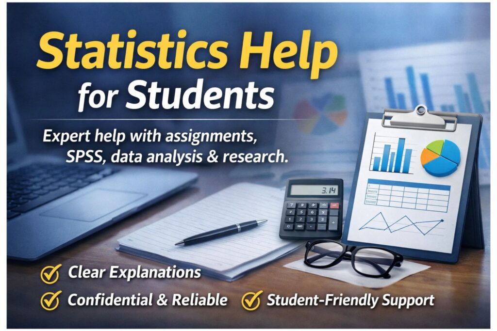 Statistics help for students image showing a study desk with laptop, calculator, charts, and academic support text for assignments, SPSS, data analysis, and research.