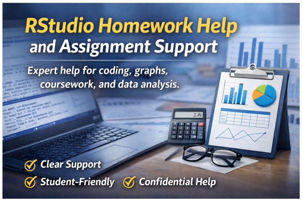 RStudio homework help image showing a laptop with code, charts, calculator, and study desk promoting assignment support for coding, graphs, coursework, and data analysis.