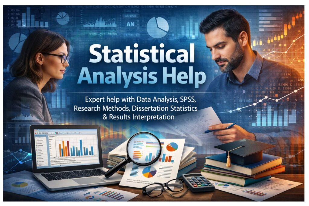 Banner image for Statistical Analysis Help showing two professionals reviewing data, a laptop with statistical charts, reports, graphs, books, and research tools in a blue analytics-themed background.