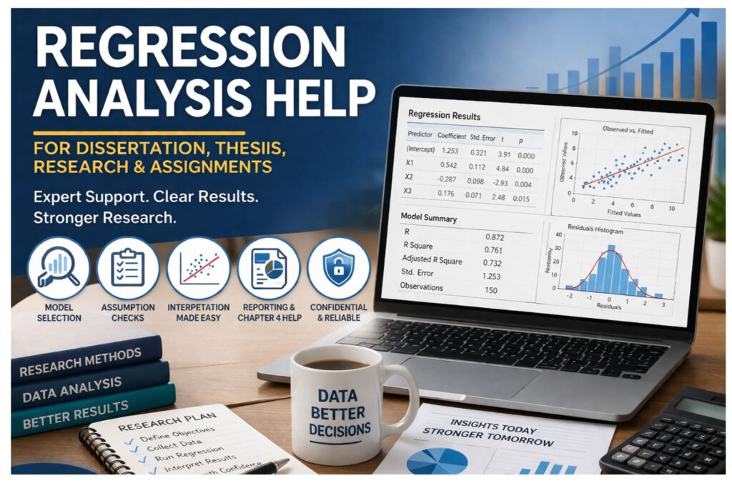 Regression analysis help image showing a laptop with regression output, charts, calculator, and study desk promoting model selection, interpretation, and academic data analysis support.