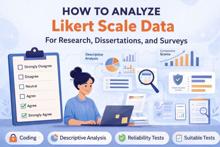 Illustrated infographic titled “How to Analyze Likert Scale Data” showing a researcher at a laptop, Likert response options, charts, coding, descriptive analysis, reliability tests, and suitable statistical tests for surveys, dissertations, and research