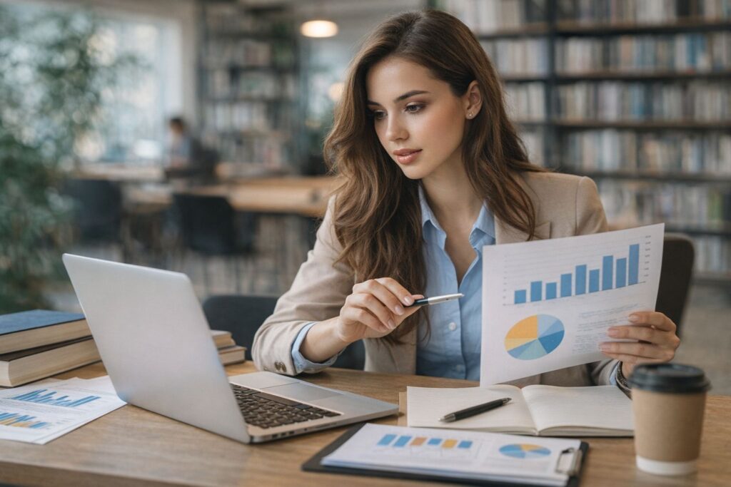 Young woman working on a laptop in a library while reviewing printed charts and graphs for dissertation results and discussion writing.