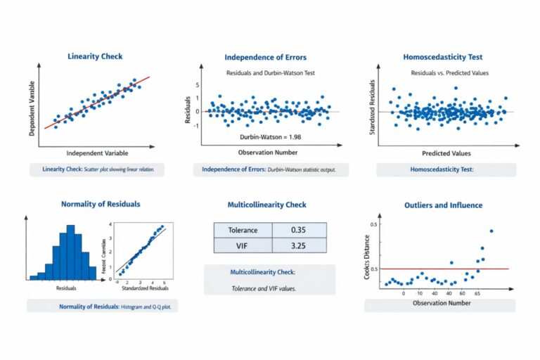 Grid of six regression diagnostic charts showing linearity, independence of errors, homoscedasticity, normality of residuals, multicollinearity, and influential cases.