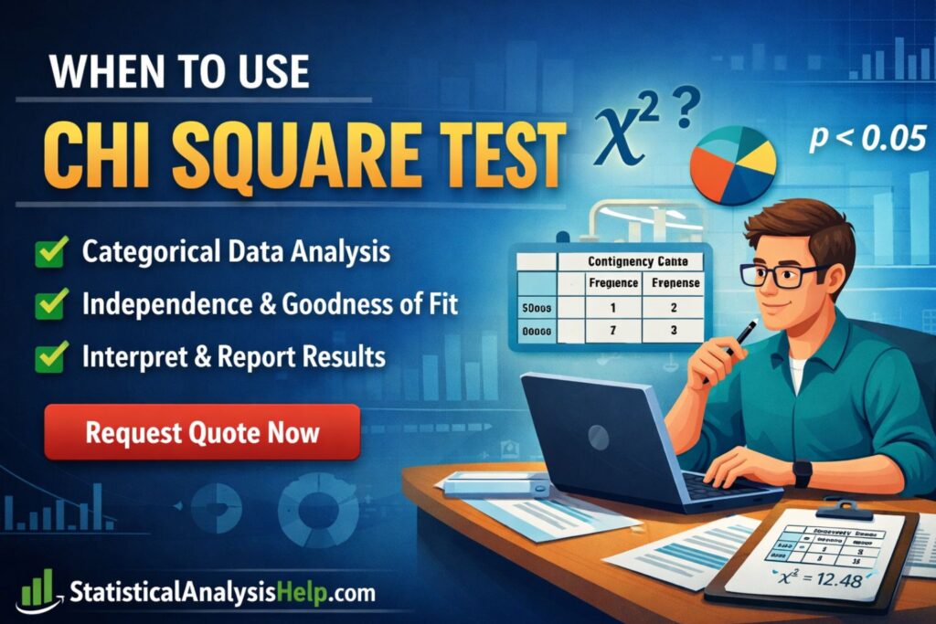 Promotional banner for StatisticalAnalysisHelp.com showing when to use chi square test, with categorical data points, charts, p-value symbol, and a data analyst working on a laptop.