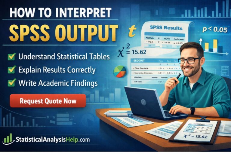 Promotional image for StatisticalAnalysisHelp.com showing a real person at a laptop with SPSS results, statistical charts, and text about interpreting SPSS output and writing academic findings.