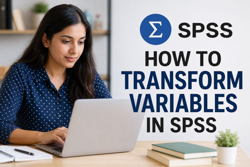 Professional woman working on a laptop with SPSS icon and text “How to Transform Variables in SPSS,” representing data analysis and variable transformation process.