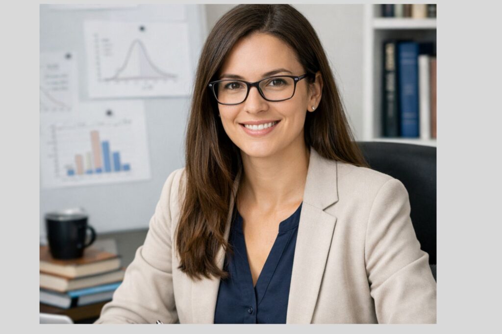 Professional academic writer seated at a desk, smiling while working with a laptop, notebook, and statistical charts in a bright office.