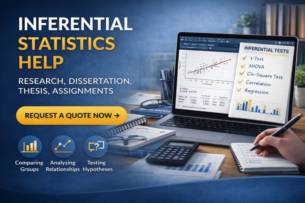 Inferential statistics help banner showing a laptop with statistical output, research workspace, and call-to-action for support with hypothesis testing, data analysis, and results interpretation.
