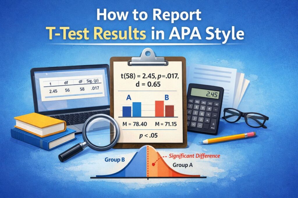 Illustration of APA t-test reporting with a laptop, clipboard, calculator, and charts showing statistical results and group comparison.