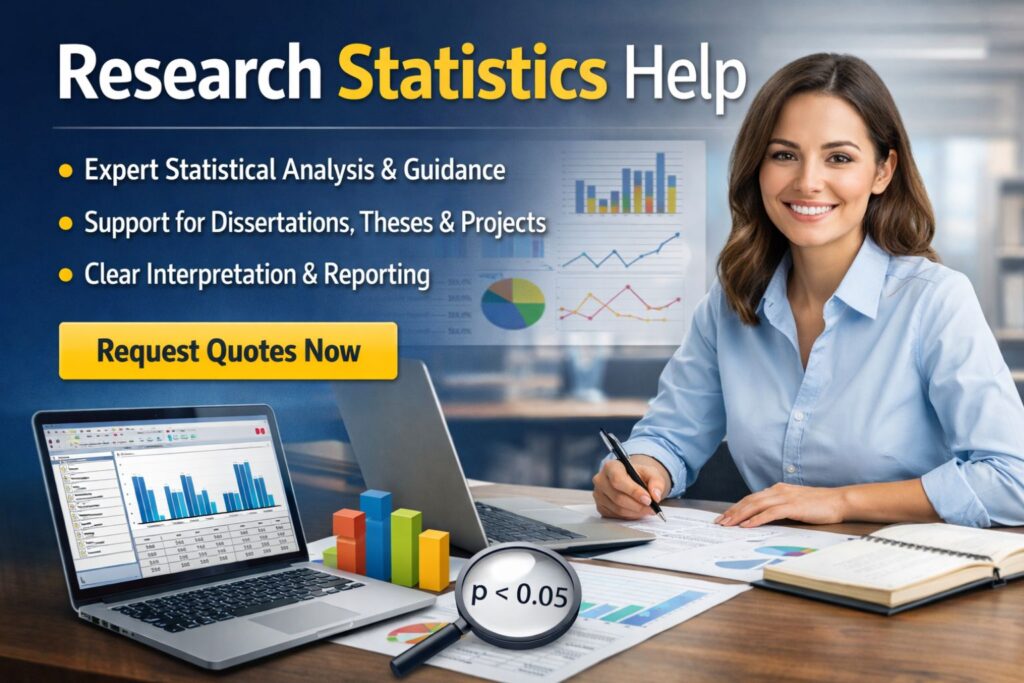 Professional woman at a desk with laptop, charts, and analytics visuals promoting research statistics help for dissertations, theses, projects, and academic reporting.