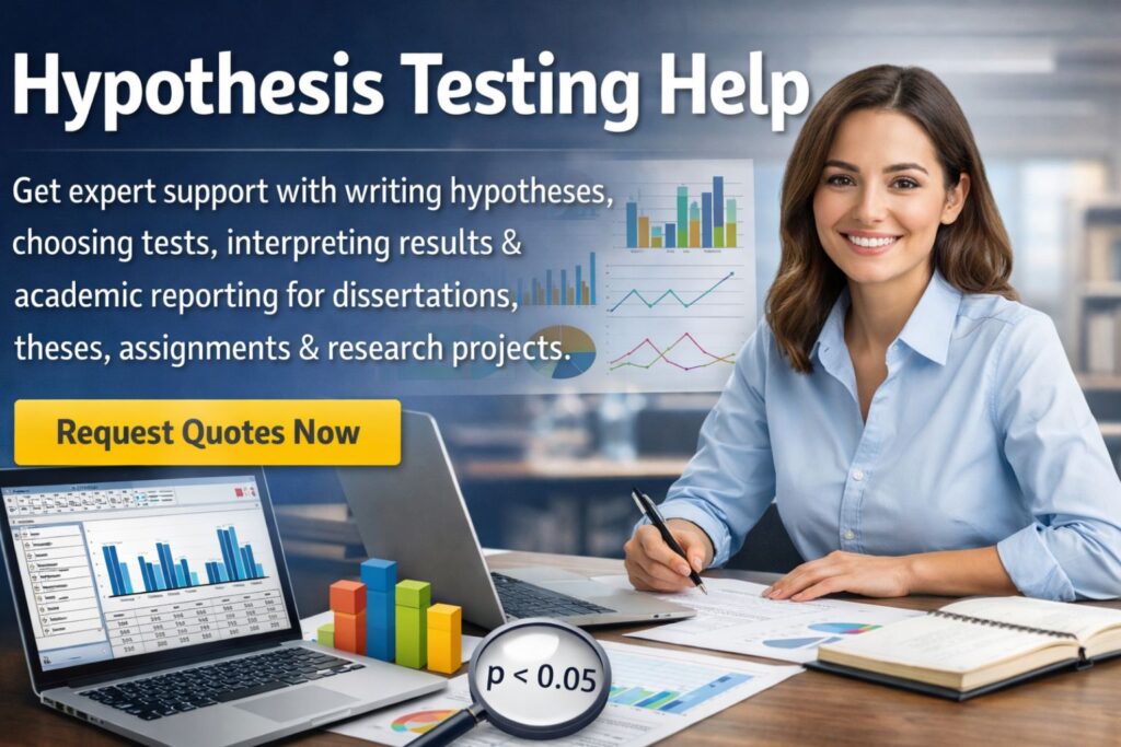 Smiling professional woman at a desk with laptop, charts, and statistical visuals promoting hypothesis testing help for dissertations, theses, assignments, and research projects.