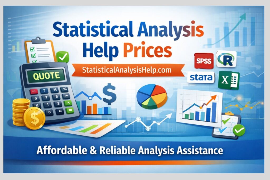 Illustration for StatisticalAnalysisHelp.com showing statistical analysis help prices with charts, calculator, coins, and SPSS, R, Stata, and Excel icons.