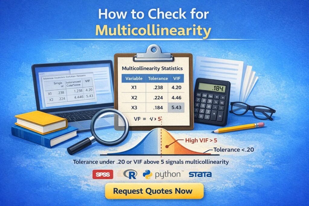 Illustration showing how to check for multicollinearity using VIF and tolerance, with regression tools, charts, and software icons.