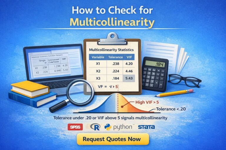 Illustration showing how to check for multicollinearity using VIF and tolerance, with regression tools, charts, and software icons.