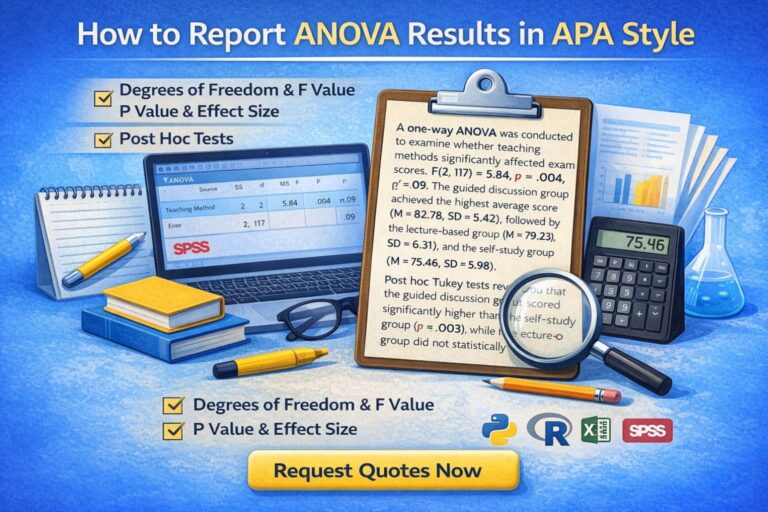Infographic on reporting ANOVA results in APA style, showing F values, p values, effect size, post hoc tests, and statistical software tools.