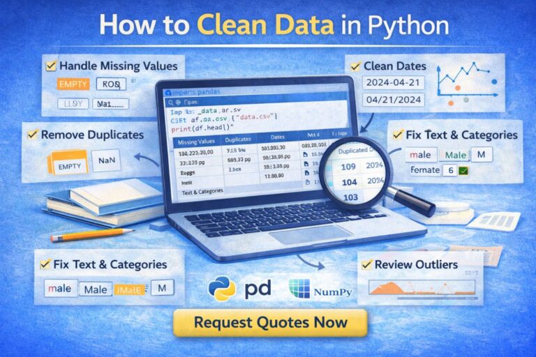 Infographic showing how to clean data in Python with steps for missing values, duplicates, date cleaning, text standardization, and outlier review.