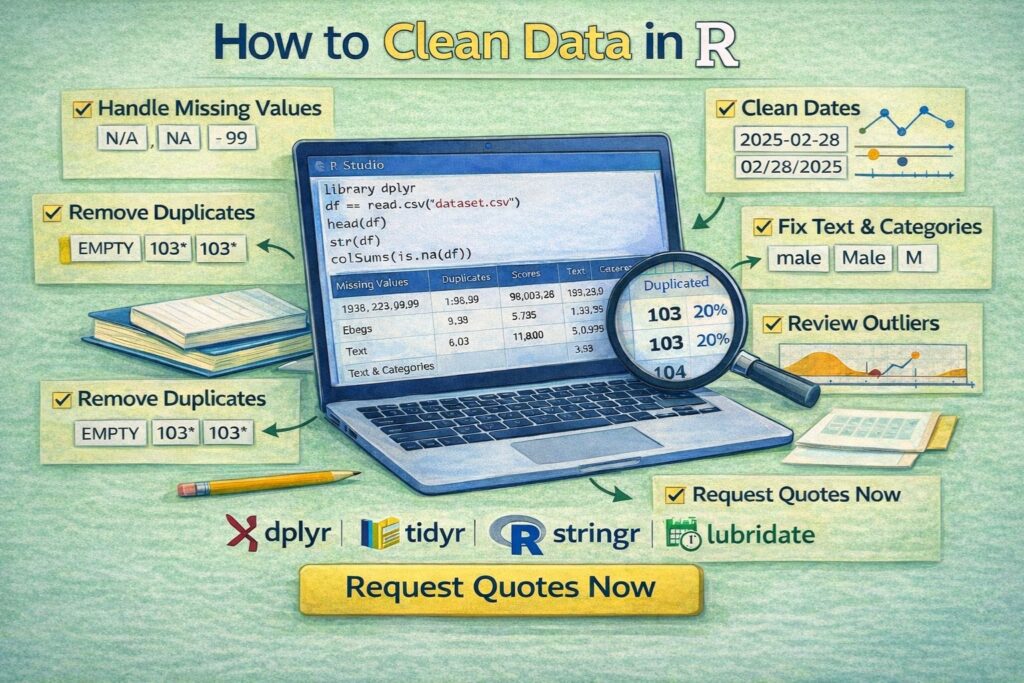 Light green infographic showing how to clean data in R, including handling missing values, removing duplicates, cleaning dates, fixing text categories, and reviewing outliers using R tools.