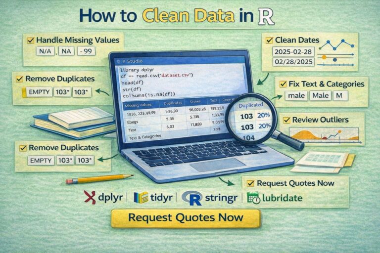 Light green infographic showing how to clean data in R, including handling missing values, removing duplicates, cleaning dates, fixing text categories, and reviewing outliers using R tools.