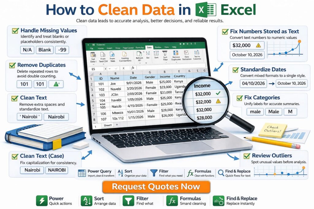 Clean, modern infographic titled “How to Clean Data in Excel” on a white background, showing a laptop with an Excel sheet and step-by-step data cleaning tasks like handling missing values, removing duplicates, cleaning text, fixing formats, and reviewing outliers, with icons and a “Request Quotes Now” call-to-action