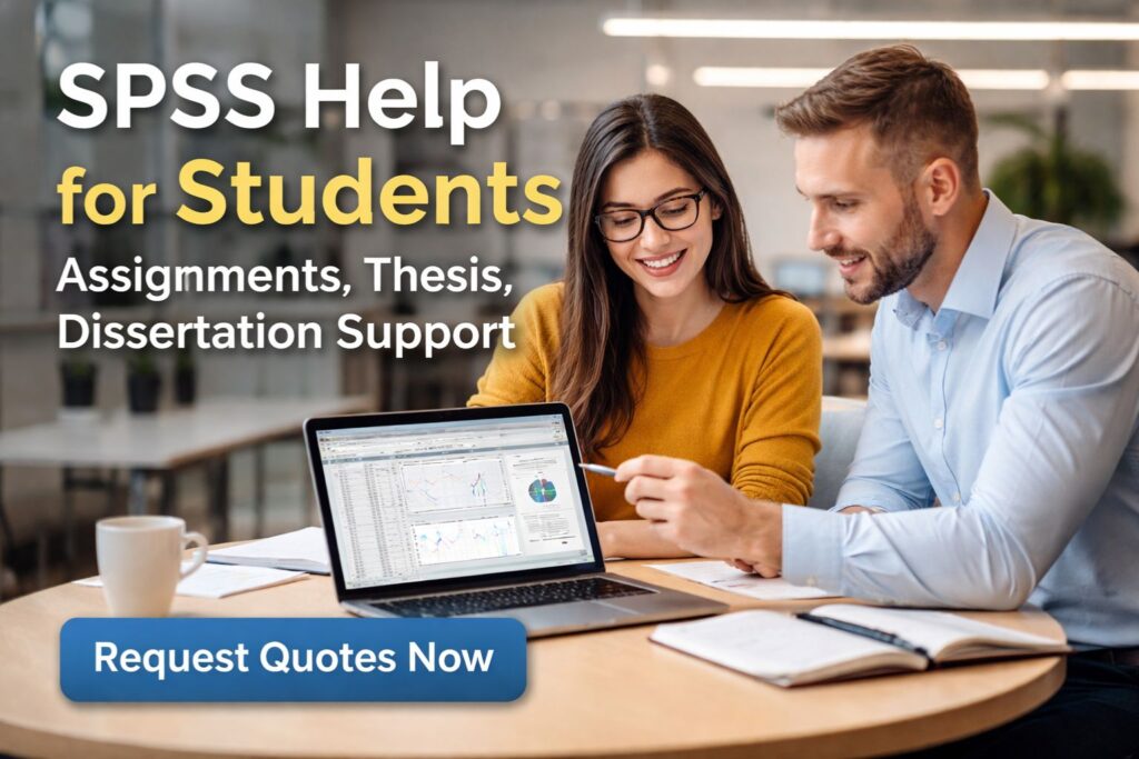 Student receiving SPSS help on a laptop with a tutor explaining data analysis for assignments, thesis, and dissertation work
