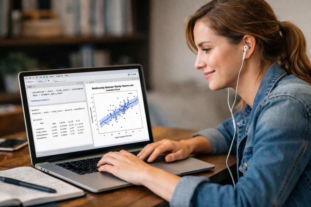 Student working on R programming assignment in RStudio with regression output and scatter plot on laptop screen