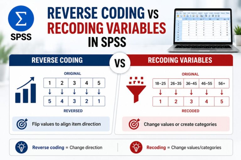 Simple visual comparing reverse coding and recoding in SPSS, showing value reversal (1 to 5 scale) versus grouping categories with minimal text and clear icons.