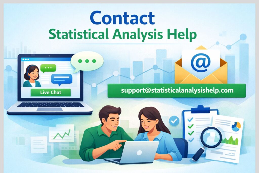 Illustration for Statistical Analysis Help contact page showing live chat, email support@statisticalanalysishelp.com , and clients reviewing statistical reports and charts.
