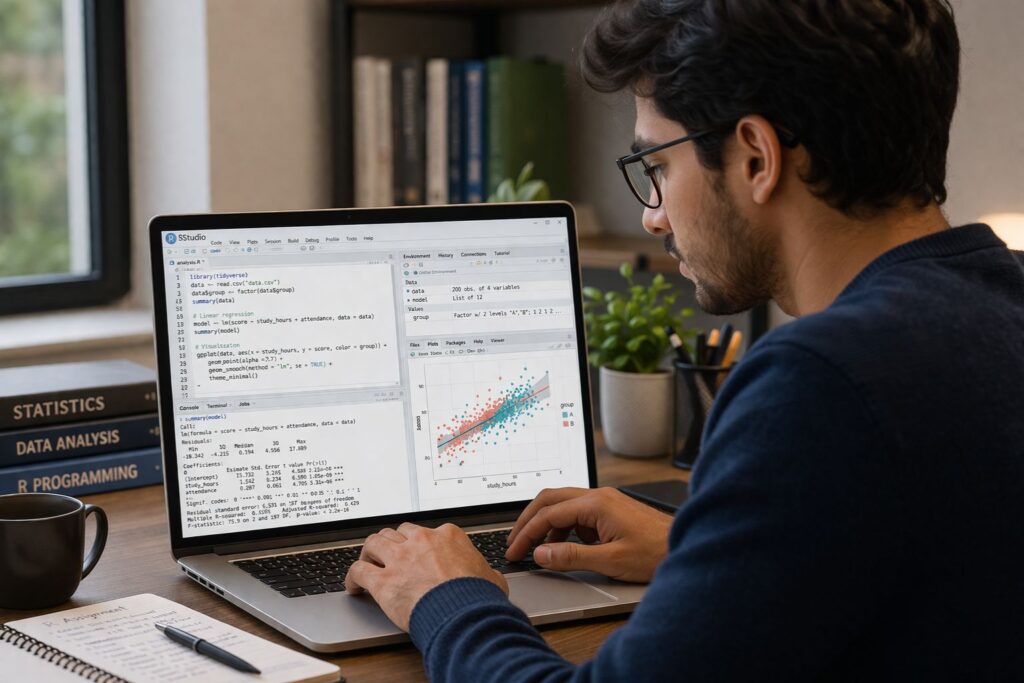 Student working on R coding in RStudio on a laptop, with regression output and data visualization displayed on screen in a modern study workspace