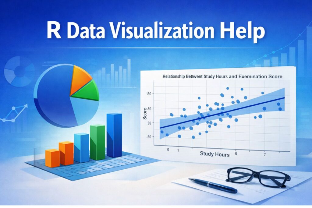R data visualization concept showing charts, ggplot scatter plot, bar graph, and pie chart on a modern blue analytics dashboard