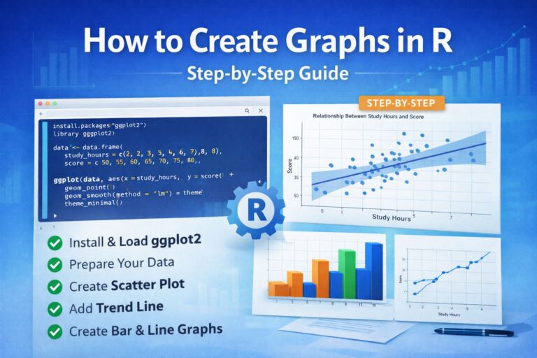 Infographic showing how to create graphs in R with ggplot2, including code examples, scatter plot, bar chart, line graph, and step-by-step guide