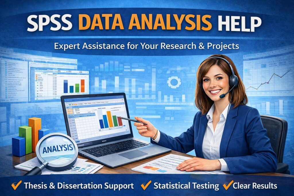 Professional woman using SPSS software on a laptop, showing data charts and statistical analysis results, promoting SPSS data analysis help for research, dissertations, and assignments.