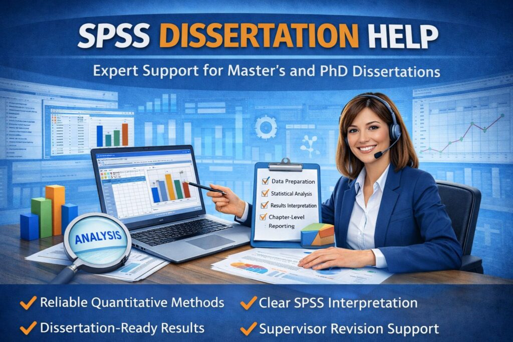 Professional analyst using SPSS on a laptop with charts and data visuals, promoting SPSS dissertation help for data analysis, interpretation, and thesis reporting support.