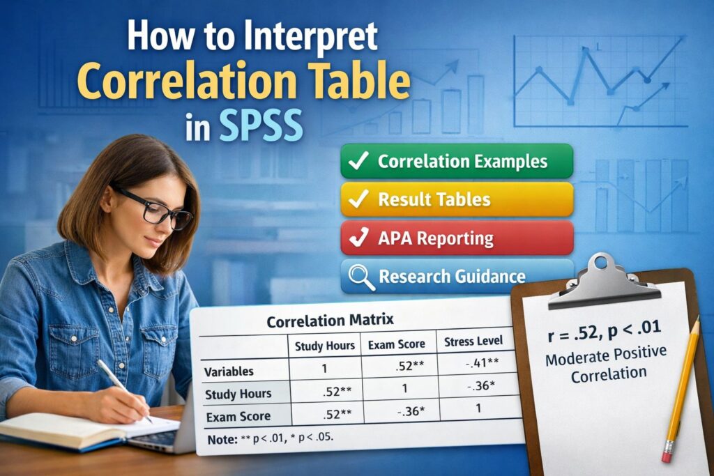 Student analyzing an SPSS correlation table with results matrix, coefficients, p-values, and APA interpretation guidance on screen
