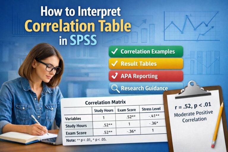 Student analyzing an SPSS correlation table with results matrix, coefficients, p-values, and APA interpretation guidance on screen