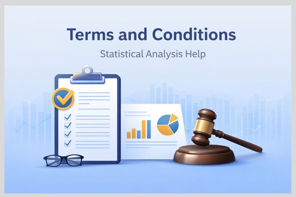 Illustration for the Terms and Conditions page of Statistical Analysis Help showing a checklist clipboard, analytics report, eyeglasses, and a judge’s gavel on a blue background.