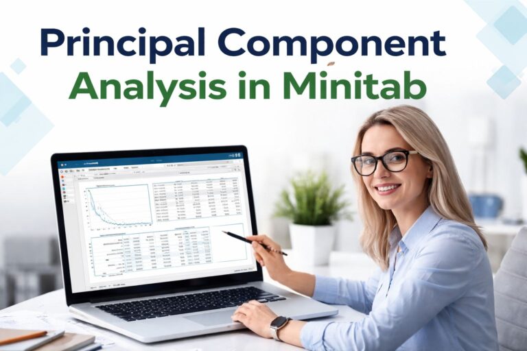 Professional image of a woman analyzing principal component analysis results in Minitab on a laptop, illustrating data reduction and statistical interpretation.