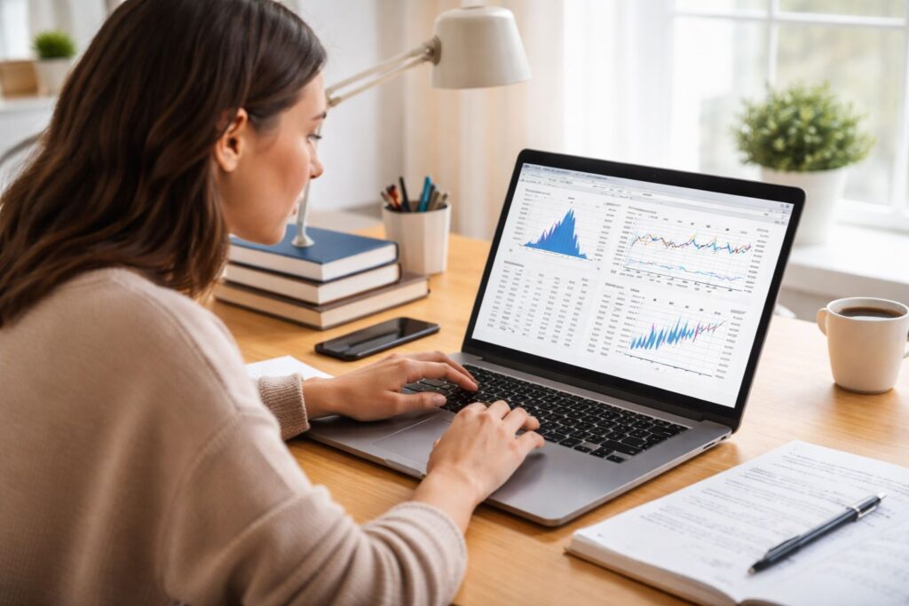 Student working on Minitab assignment on a laptop with statistical graphs and data analysis on screen