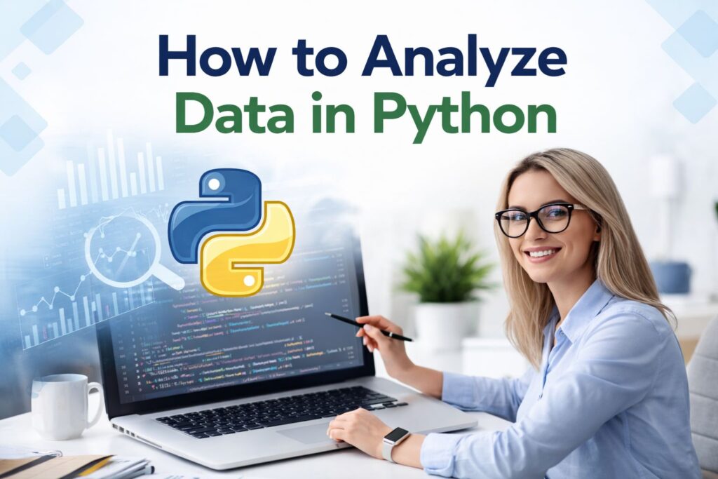 Professional image of a woman analyzing data in Python on a laptop, featuring code, charts, and the Python logo to represent data analysis and visualization.
