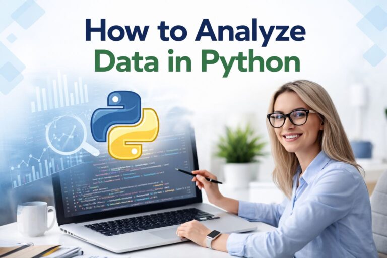 Professional image of a woman analyzing data in Python on a laptop, featuring code, charts, and the Python logo to represent data analysis and visualization.