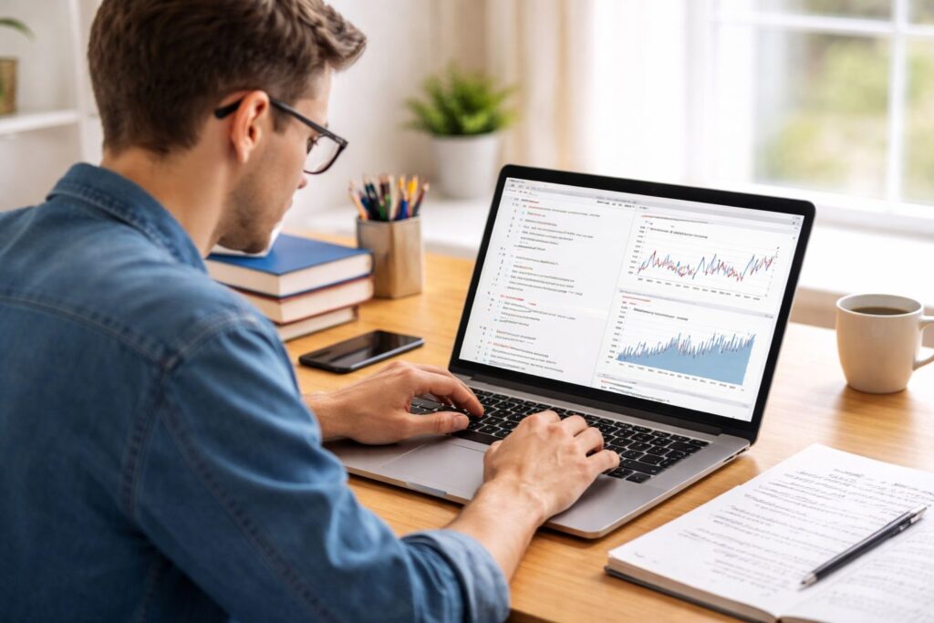 Student working on a Python assignment on a laptop with code and data analysis graphs displayed on screen