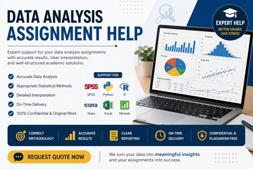 Data analysis assignment help banner showing laptop with charts and graphs, highlighting SPSS, Python, R, Stata, Excel support with accurate results and academic solutions.