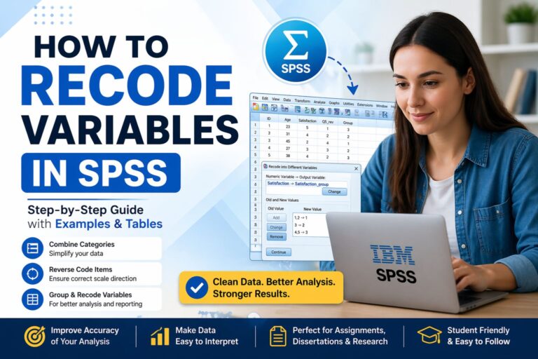 Student working on a laptop with SPSS interface while learning how to recode variables in SPSS, featuring step-by-step guide and data transformation examples
