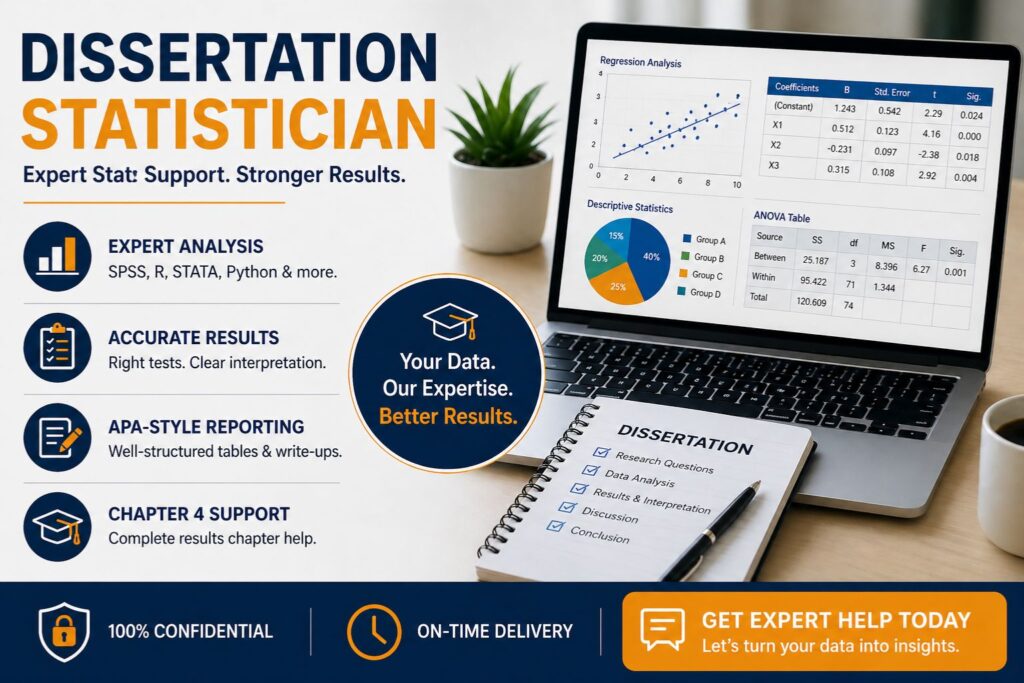 Professional banner showing a person analyzing statistical data on a laptop with regression charts, highlighting dissertation statistician support services for accurate results and APA reporting.