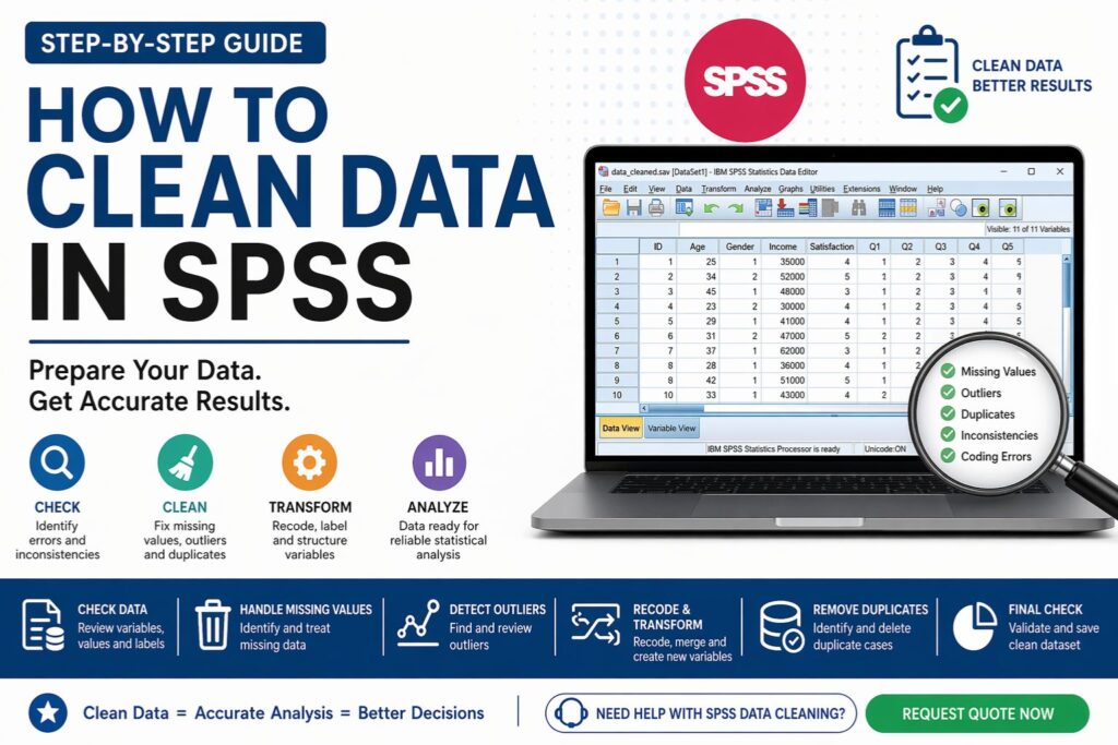 Step-by-step guide showing how to clean data in SPSS with a laptop displaying SPSS dataset, highlighting missing values, outliers, duplicates, and coding errors for accurate analysis.