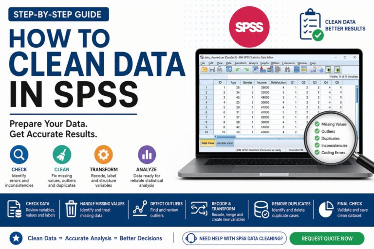 Step-by-step guide showing how to clean data in SPSS with a laptop displaying SPSS dataset, highlighting missing values, outliers, duplicates, and coding errors for accurate analysis.